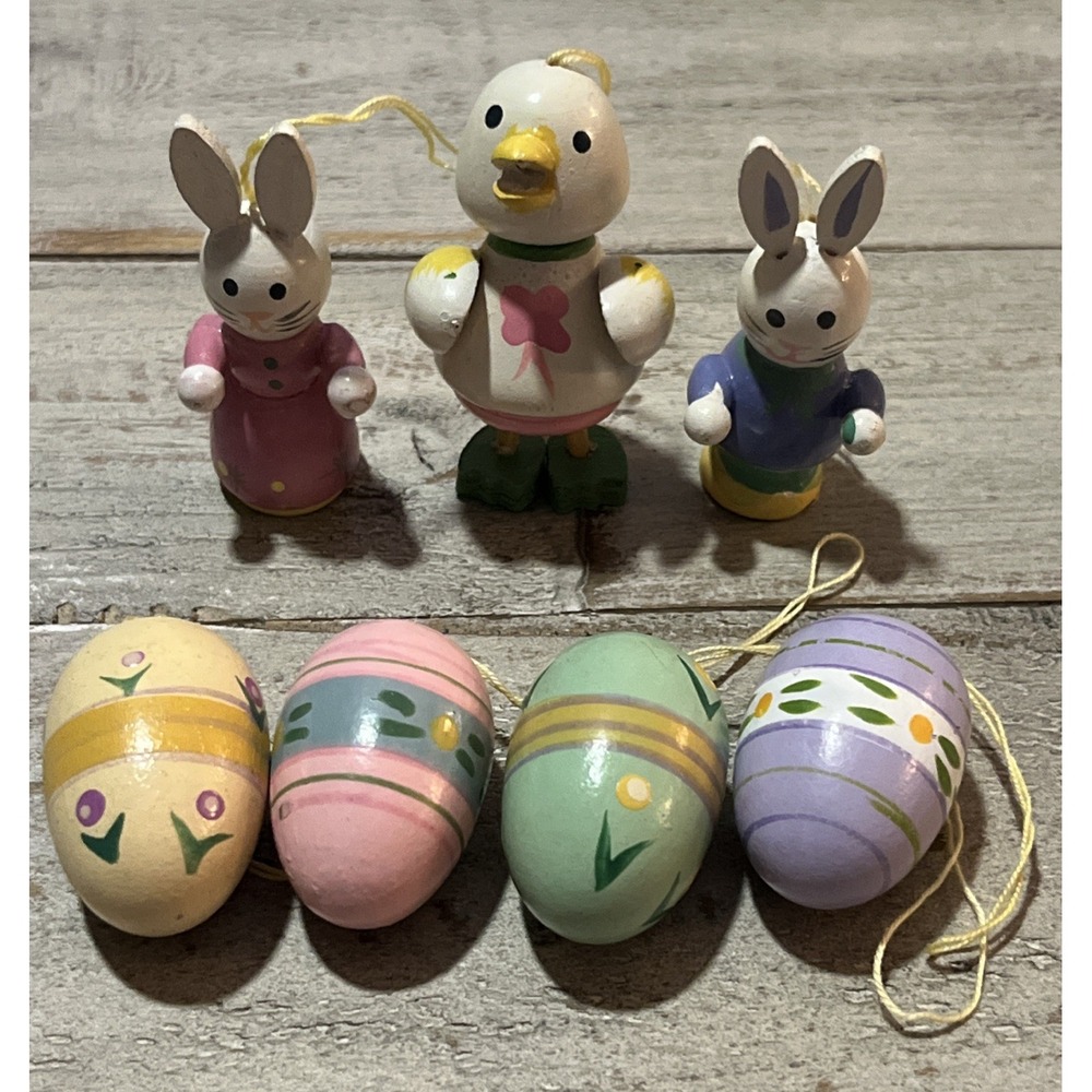 Vintage Easter Mini Wooden Ornaments‎ - Easter Bunnies & Eggs  7 Lot